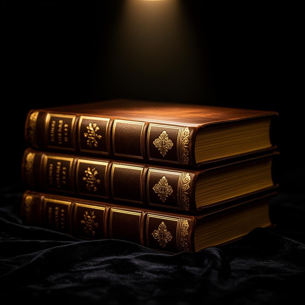 Stack of leather-bound hardcover books with gold-embossed spines under a warm spotlight